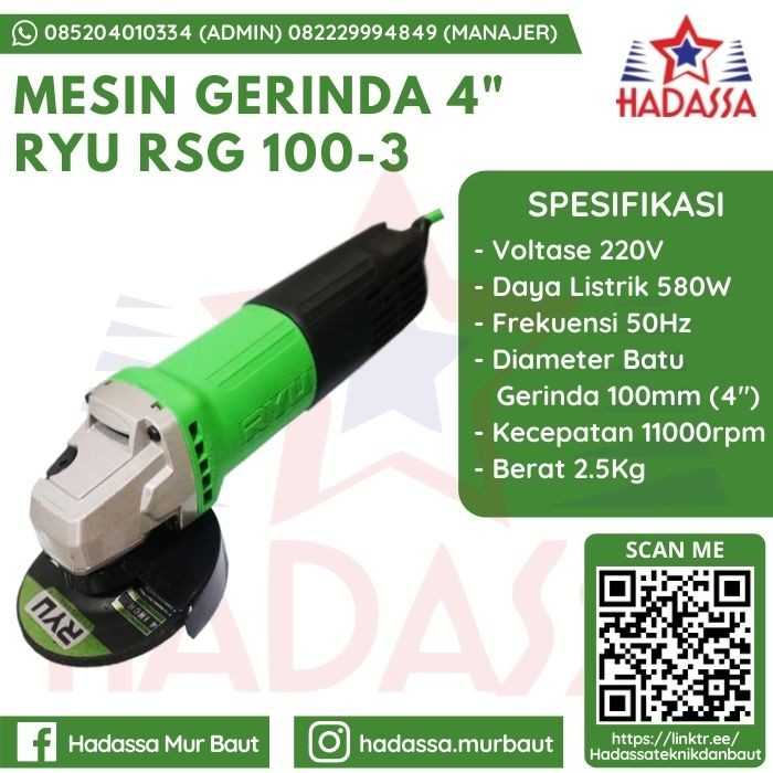 Mesin Gerinda Tangan 4 Inci Ryu RSG 100-3