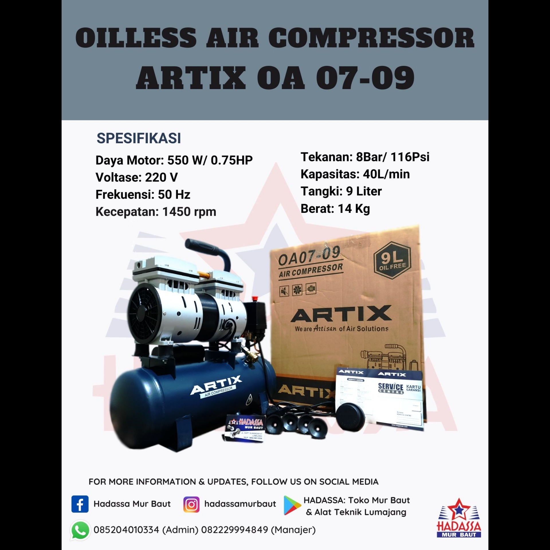 Oilless Air Compressor Artix OA 07-09