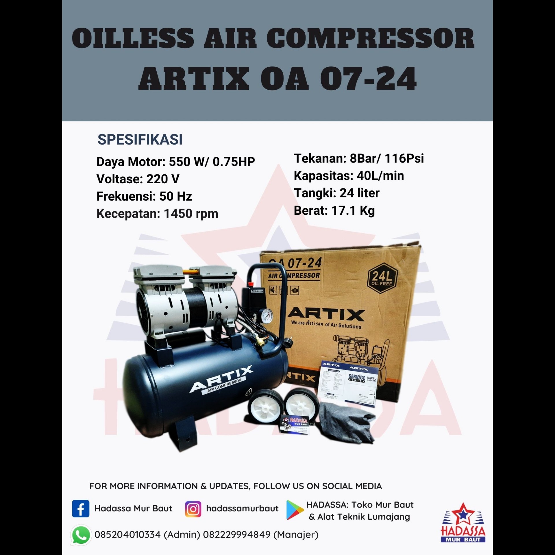 Oilless Air Compressor Artix OA 07-24