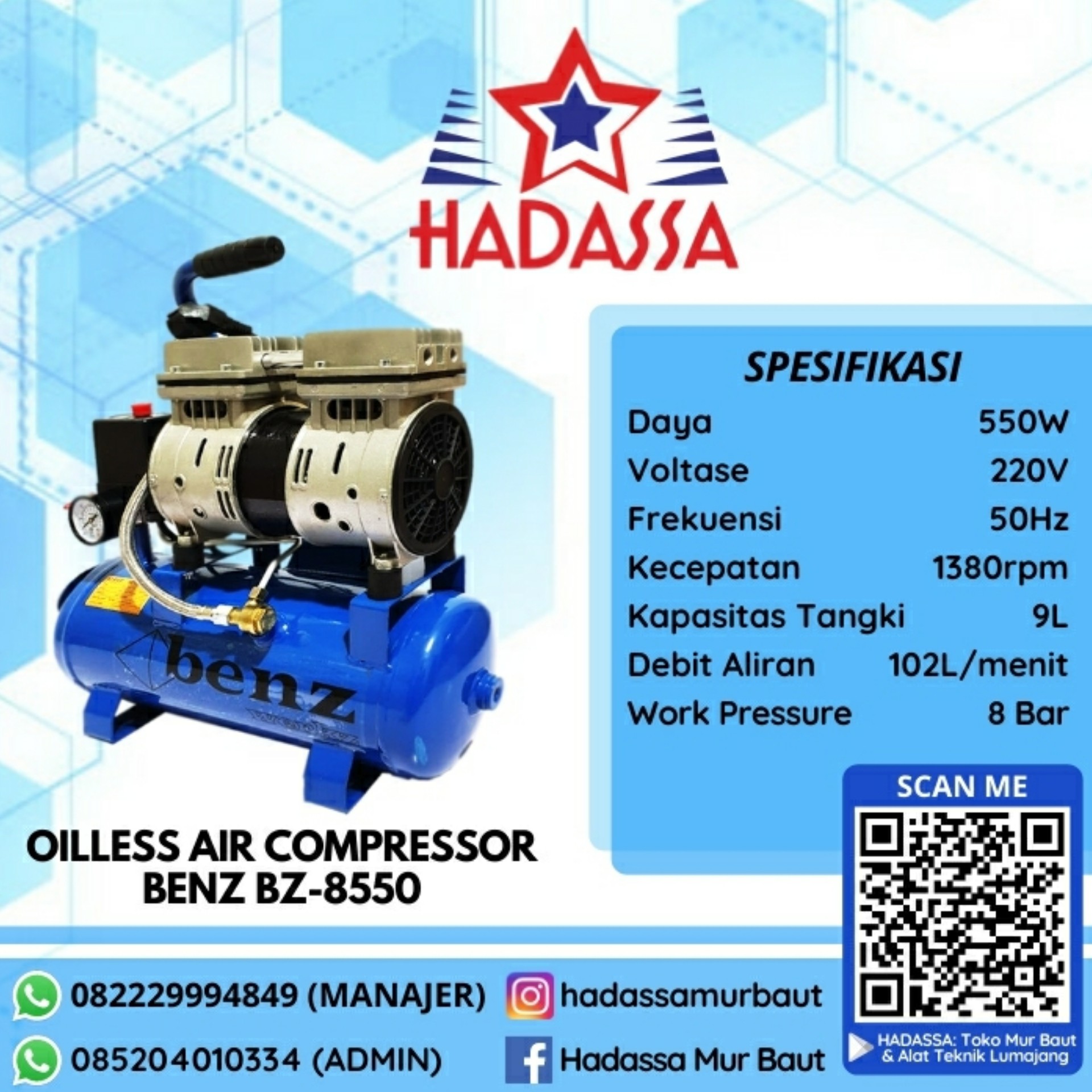 Oilless Air Compressor Benz BZ-8550