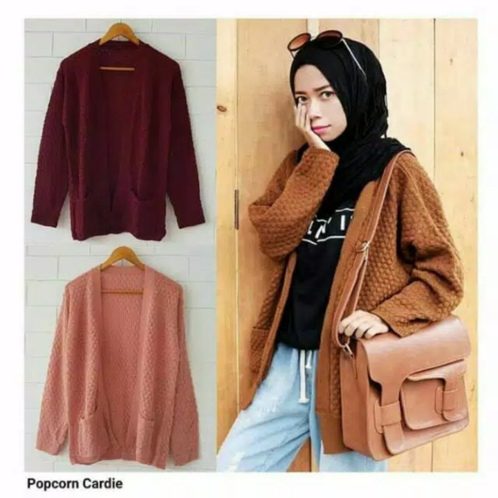 Pocket popcron knite cardy rajut wanita