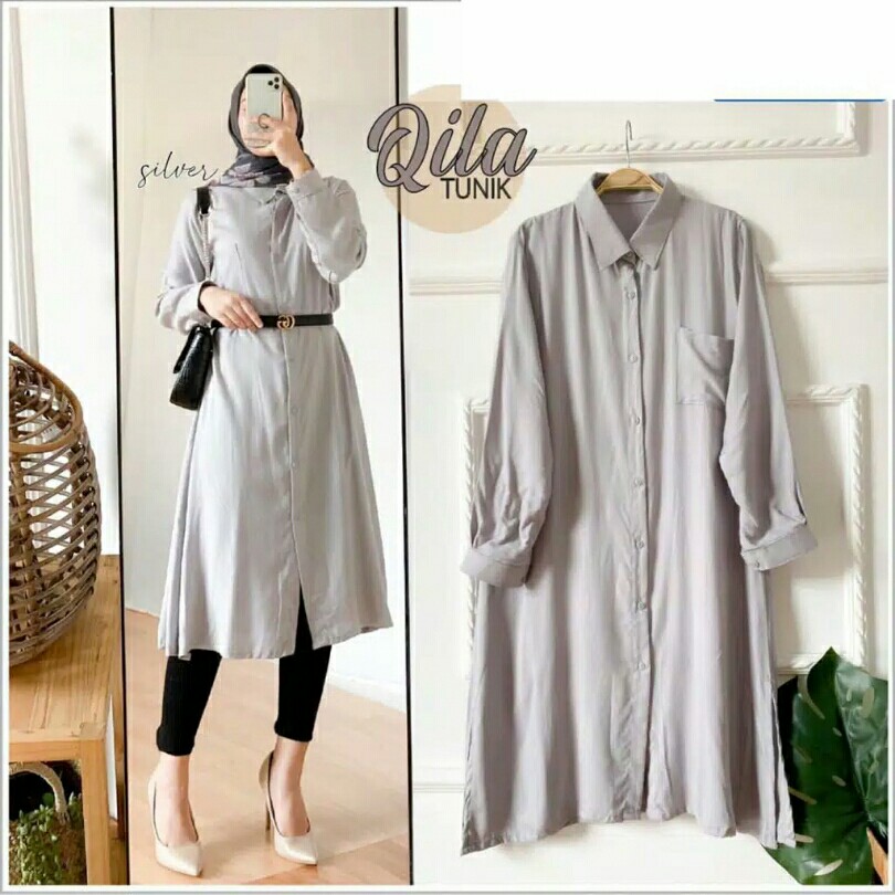 QILA TUNIK POLOS FULL KANCING BUSUI FASHION WANITA MUSLIMAH HIJAB