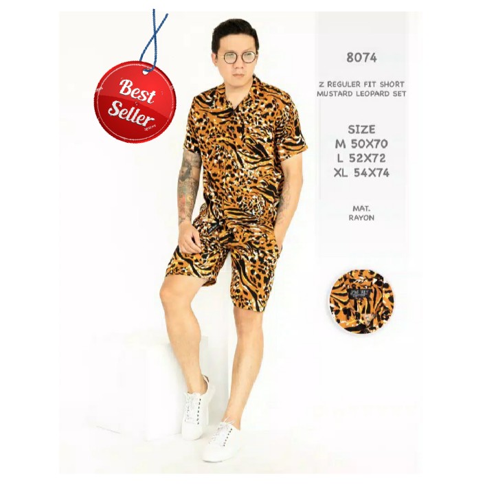 Reguler Fit Set Motif M-XL Kemeja Tye Dye Set - Z Mustard Leopard