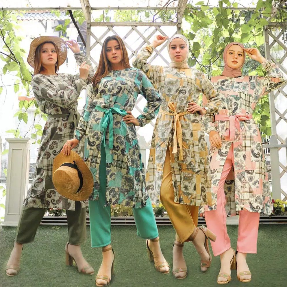 SETELAN MUSLIM WANITA KEJORA ONE SET TUNIK  CELANA BAHAN CORAK MONALI