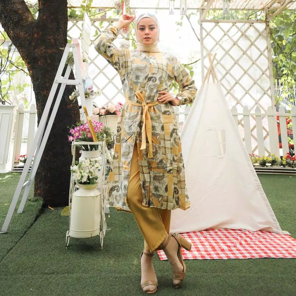 SETELAN MUSLIM WANITA KEJORA ONE SET TUNIK  CELANA BAHAN CORAK MONALI 3