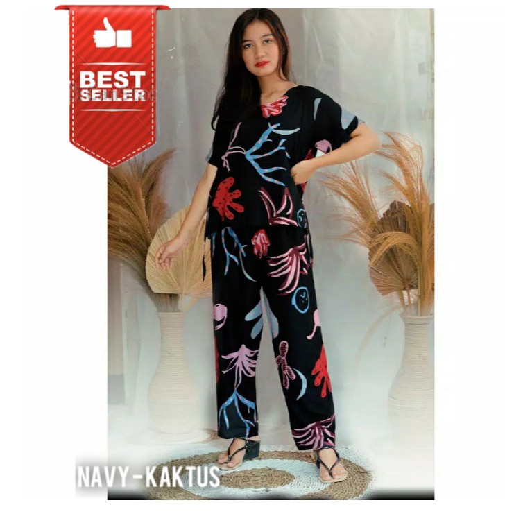 SETELAN PANJANG BALI MOTIF KAKTUSDASTER BALIBABYDOLL BALI