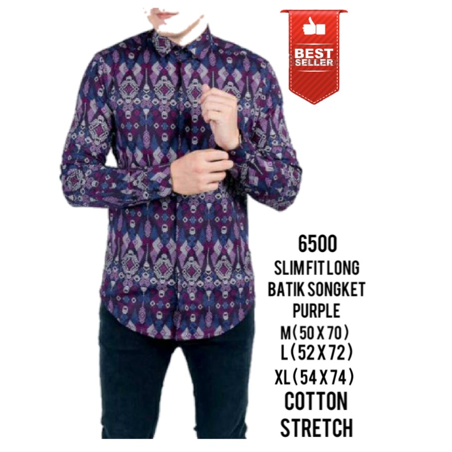 SLIMFIT LONG BATIK SONGKET PURPLE COTTONN STRETCH - 6500