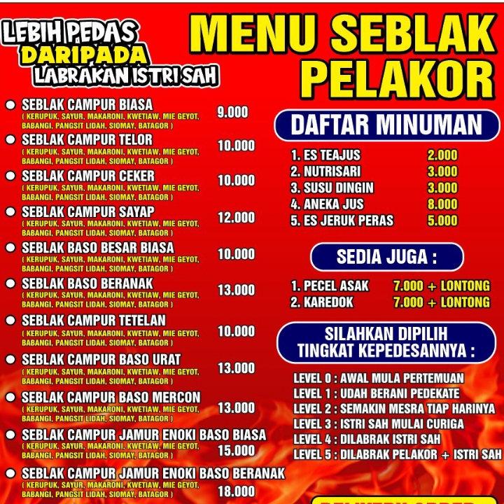 DAFTAR MENU SEBLAK PELAKOR TEH RISKA