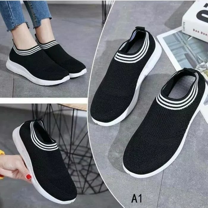 Sepatu Slip On Alyce Hitam List Putih