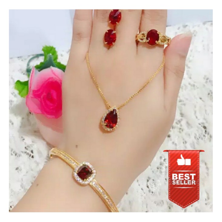 Set Giok Permata Merah Giok Asli Lapis Emas 24K - Bisa Beli Satuan