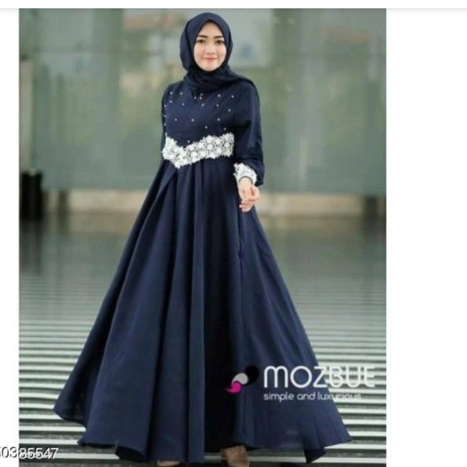 Terbaru Gamis Moscrepe Murah Pajera Dress Mix mutiara dan Renda-Navy B