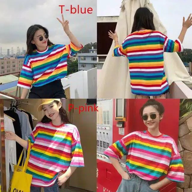 Tshirt O-neck Motif Garis Candy Sweet Rainbow  Pelangi