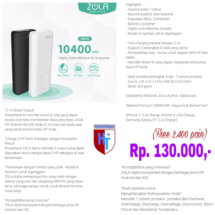 ZOLA POWERBANK ALPHA 10400 mAh