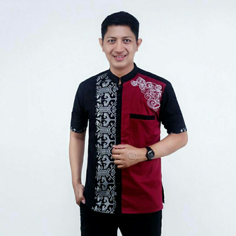 baju Koko bordil kombinasi batik  baju Koko muslim