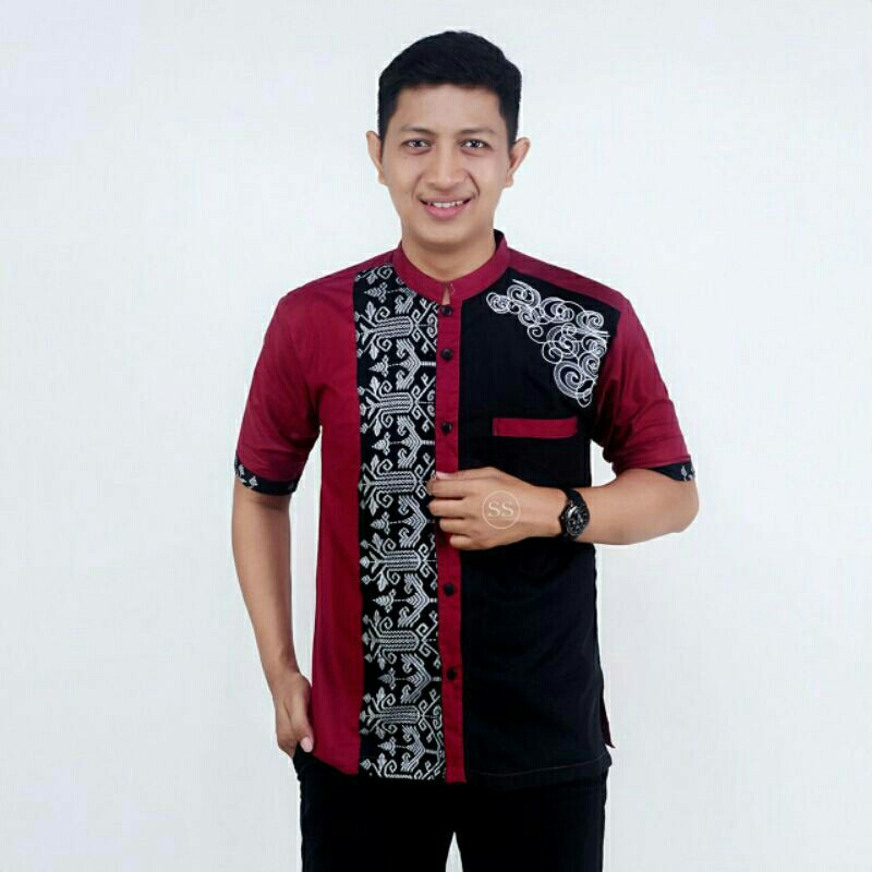 baju Koko bordil kombinasi batik  baju Koko muslim 2