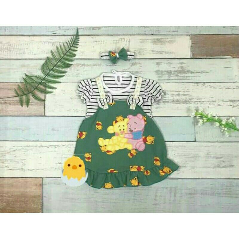 dress minnie the pooh hijau set bando