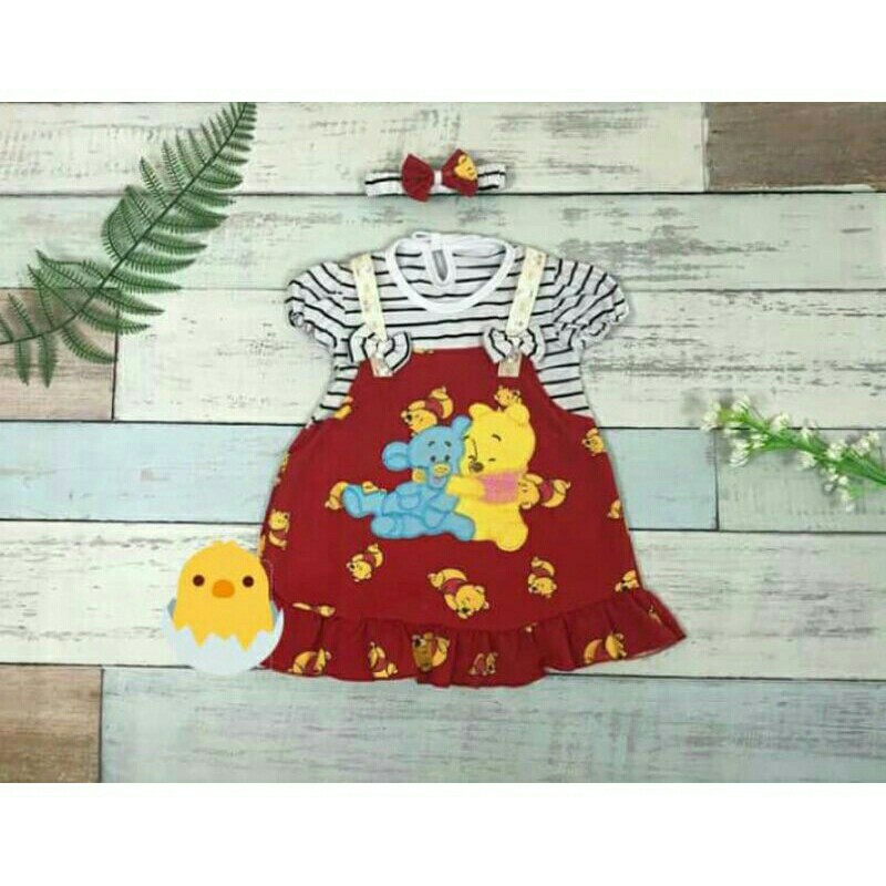 dress minnie the pooh merah set bando