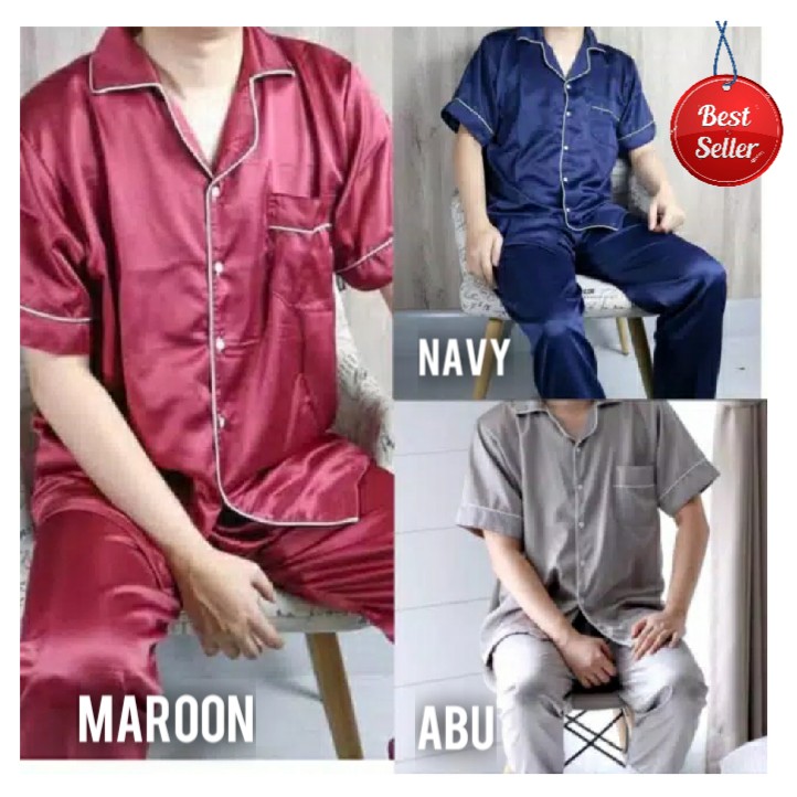 pajamas jumbo pria satin exclusive silk polos lengan pendek